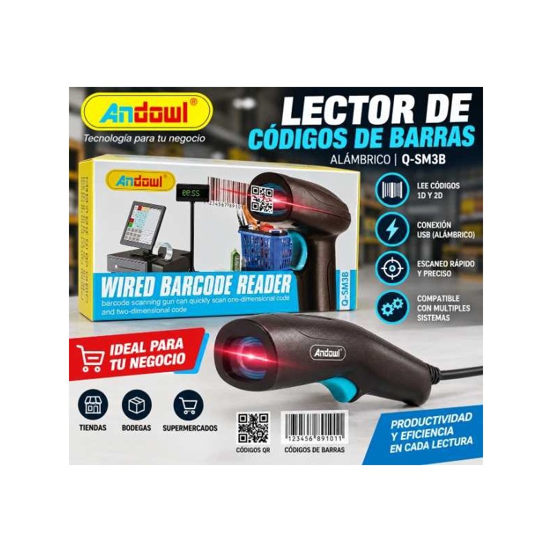 Lector código de barras y QR alambrico Andowl SM3B Conexión por cable usb.