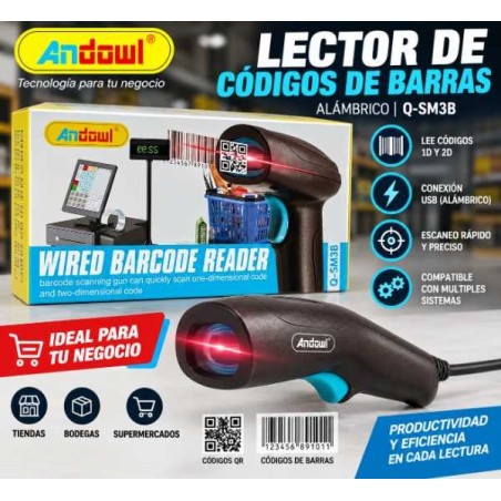 Lector código de barras y QR alambrico Andowl SM3B Conexión por cable usb.